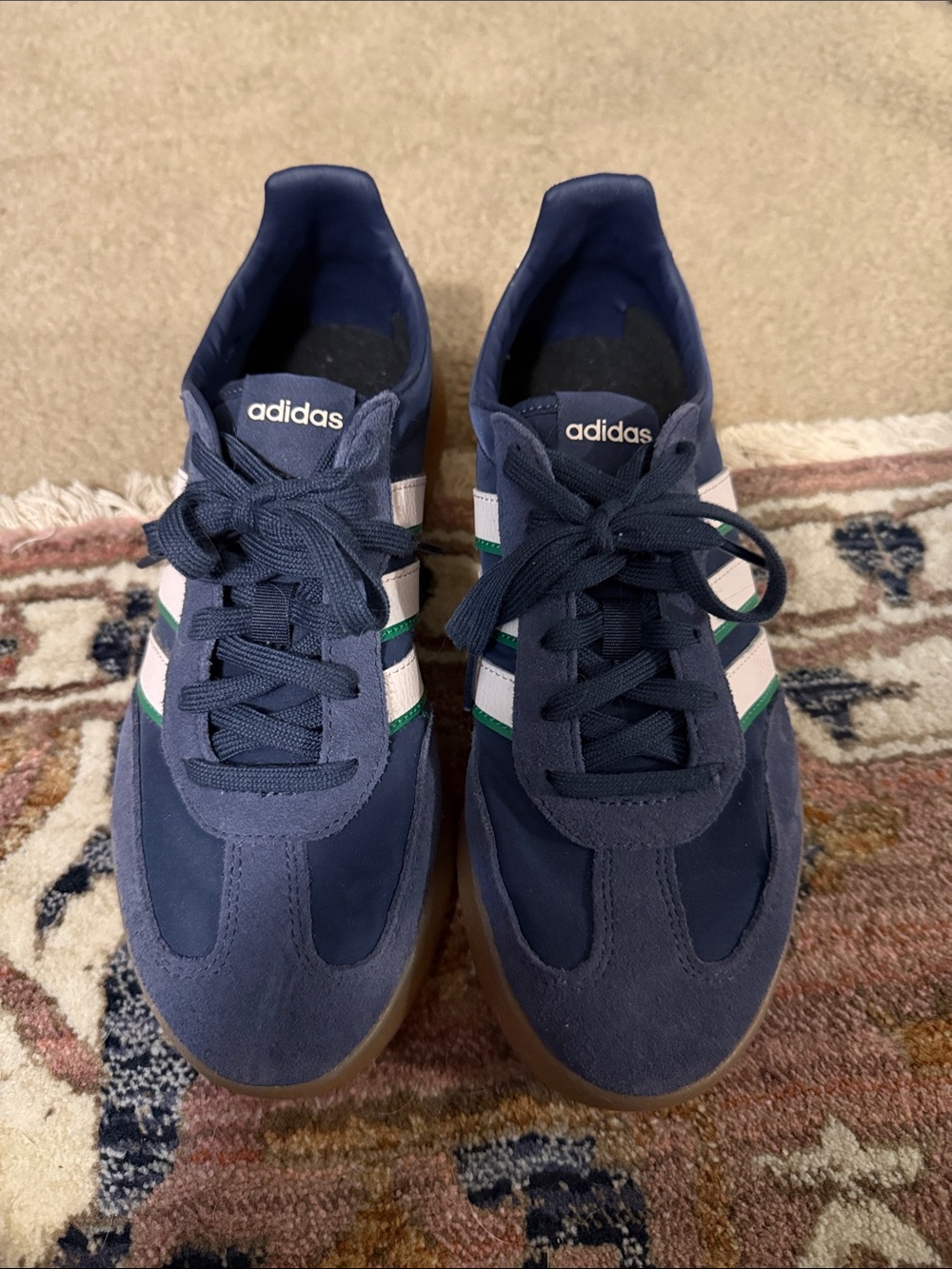 adidas Navy Suede Sneakers with Pink Stripes and Green Trim